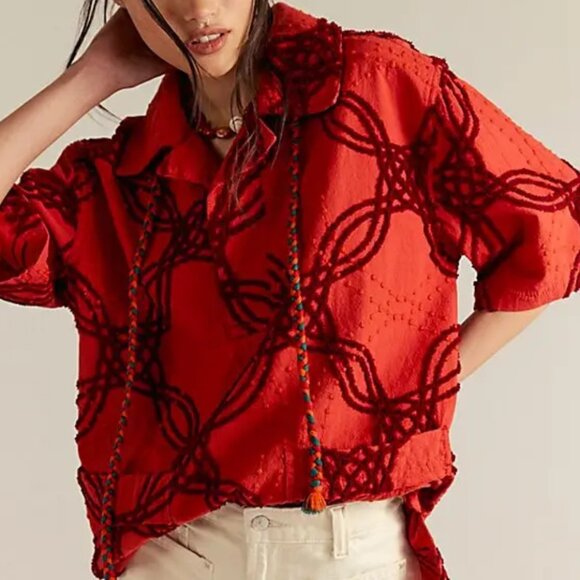 #78 NWT Free People Malta Terry Top in Red Combo - Picture 1 of 7